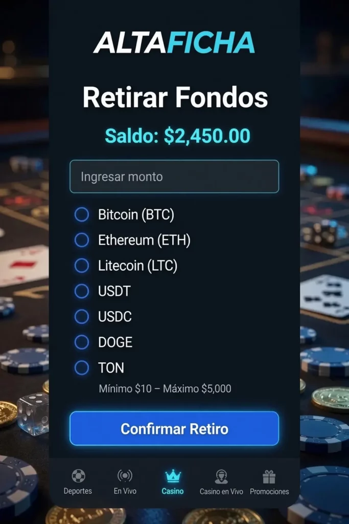 Página de retiro de fondos en la cuenta de Alta Ficha desde el celular 